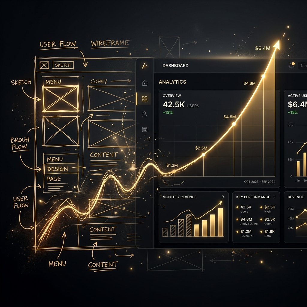 Timeline visualization from initial wireframe to launched product with revenue metrics